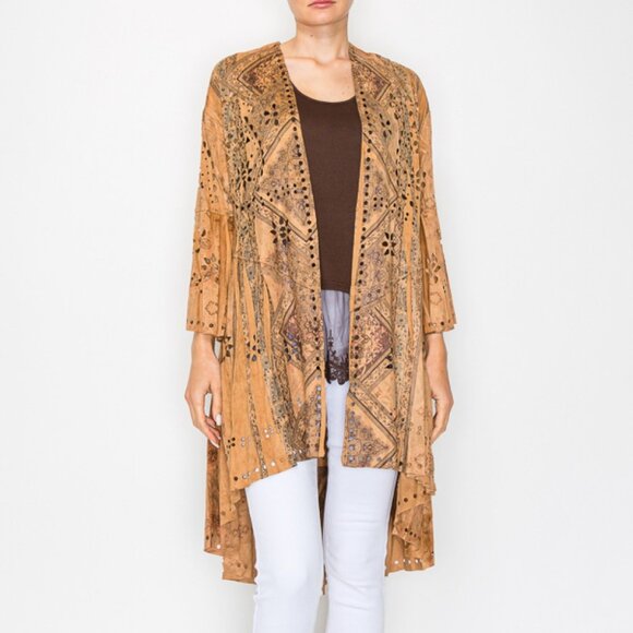 NEW ORIGAMI faux suede duster JACKET kimono cardigan WESTERN BOHO LAZER CUT S-2X - Picture 1 of 9